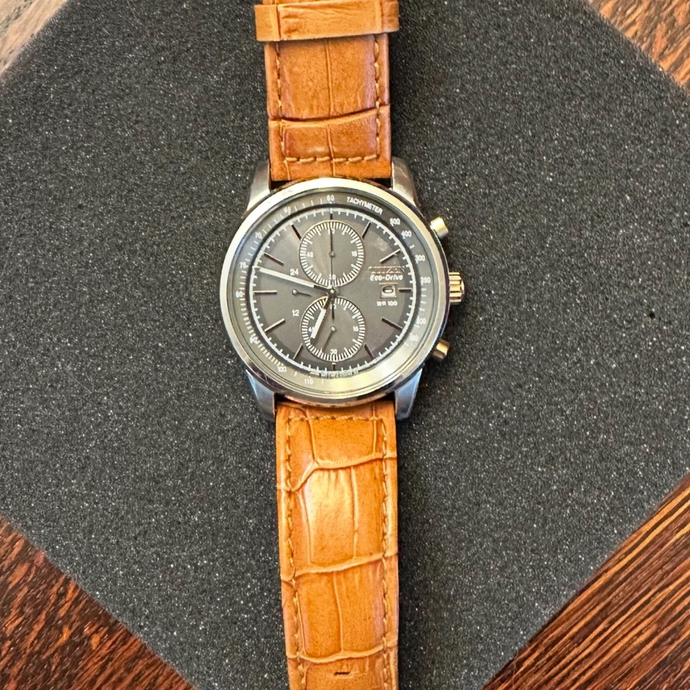 Elegant Brown and Black Leather Strap Chronograph Watch